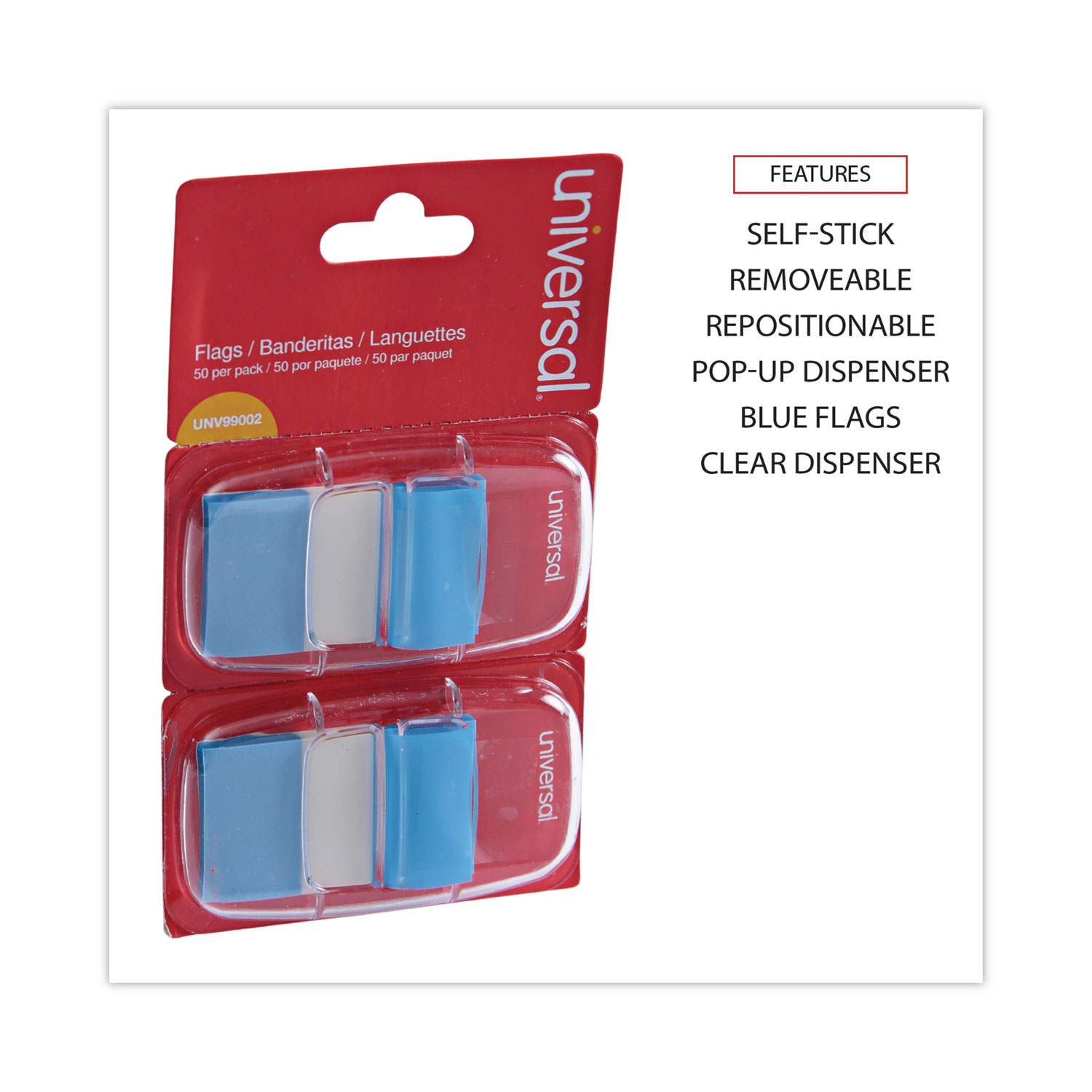 Universal® Page Flags, Blue, 50 Flags/Dispenser, 2 Dispensers/Pack