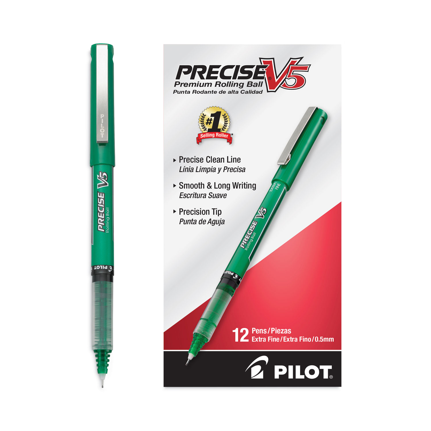 Pilot® Precise V5 Roller Ball Stick Pen, Precision Point, Green Ink, .5mm, Dozen