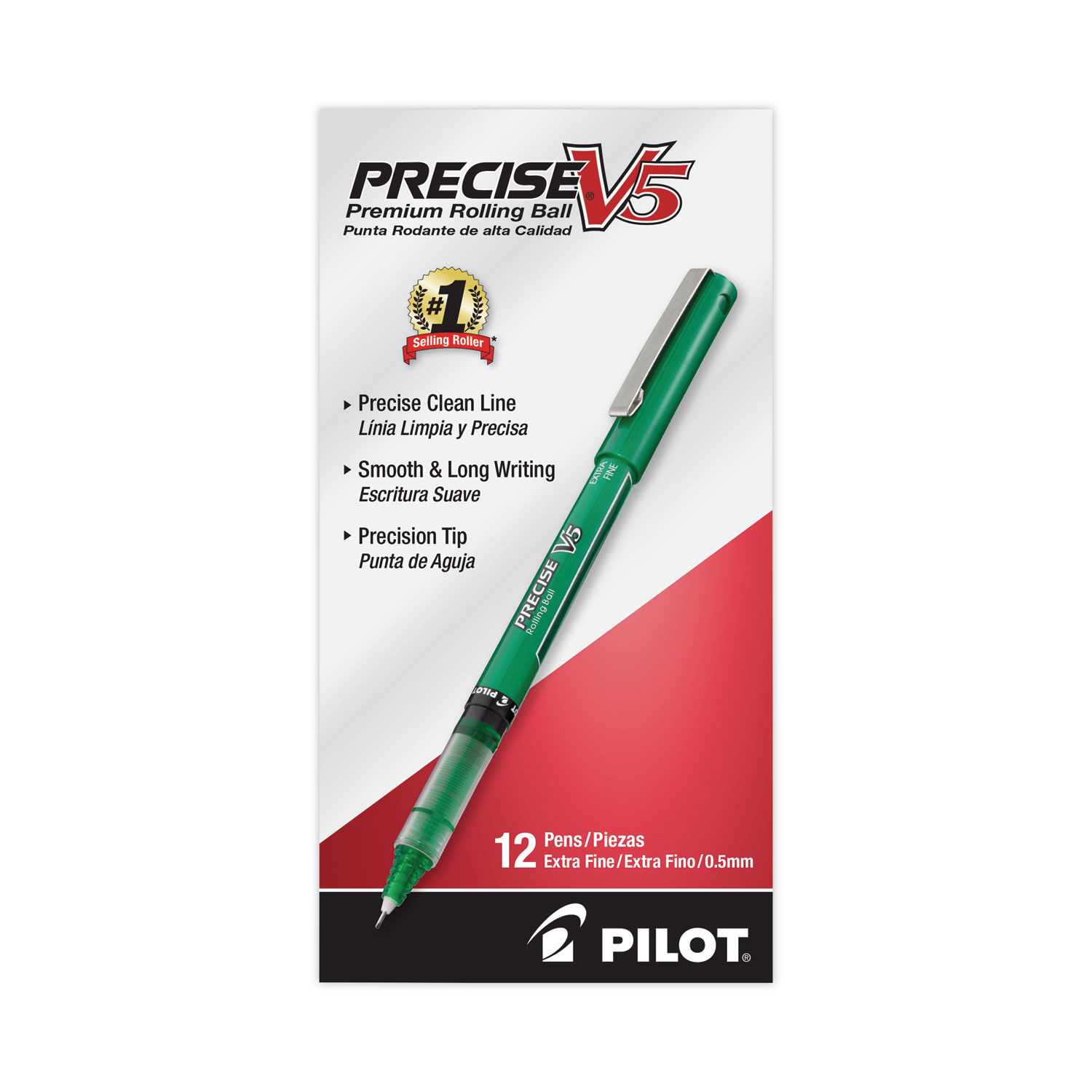 Pilot® Precise V5 Roller Ball Stick Pen, Precision Point, Green Ink, .5mm, Dozen