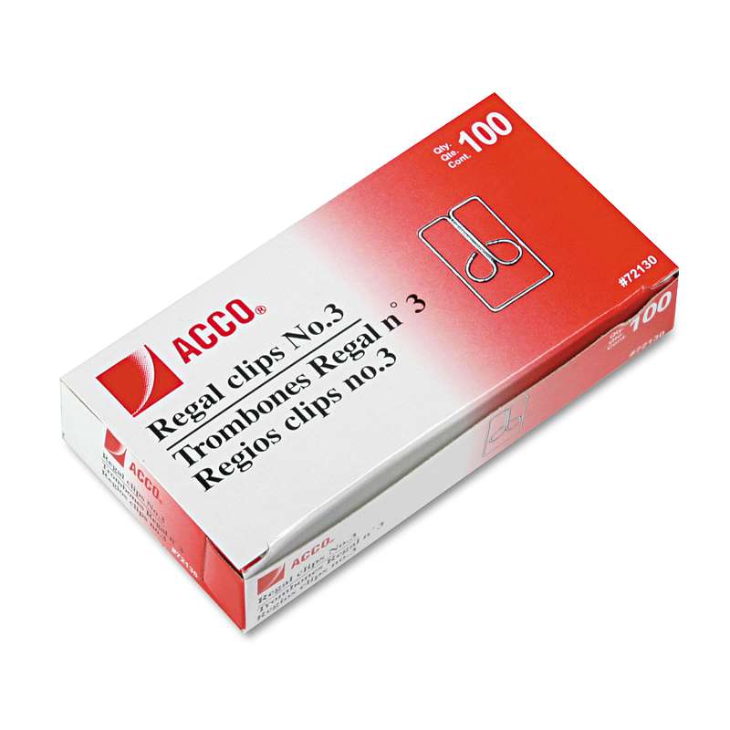 ACCO Metal Regal Clips, #3, Silver, 100/Box