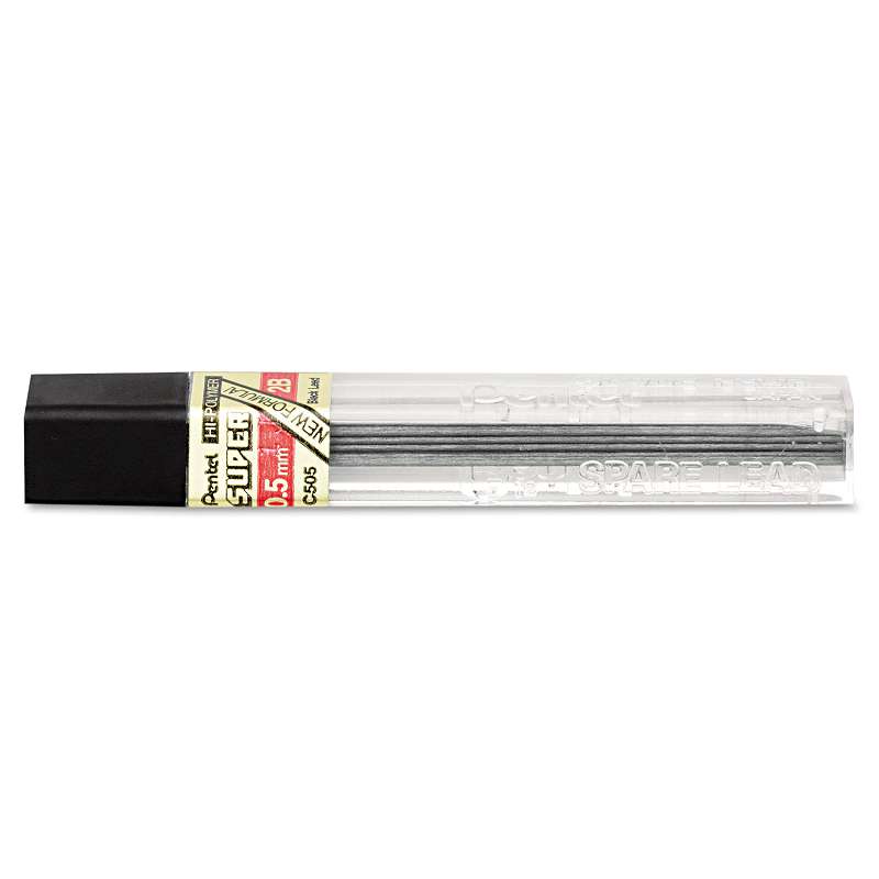 Pentel® Super Hi-Polymer Lead Refills, 0.5mm, 2B, Black, 12 Leads/Tube
