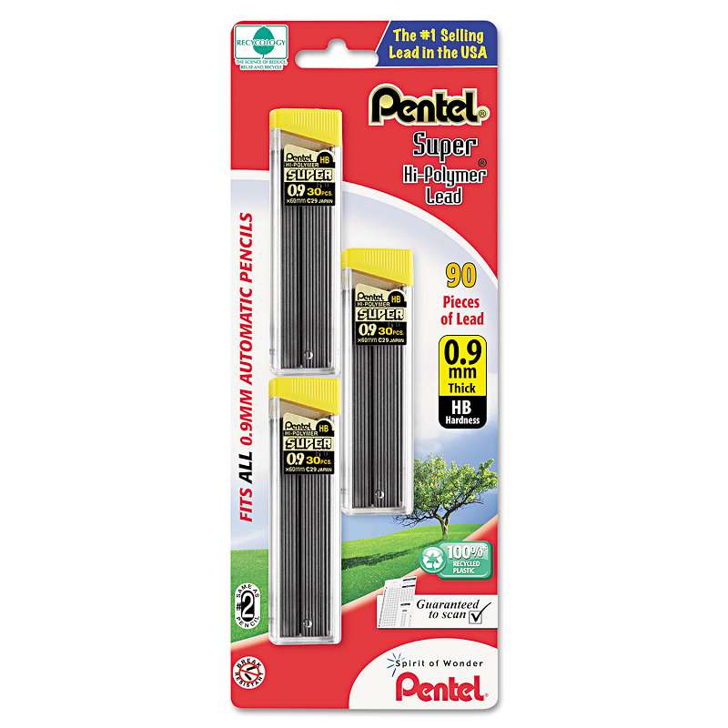 Pentel® Super Hi-Polymer Lead Refills, 0.9mm, HB, Black, 30/Tube, 3 Tubes/Pack