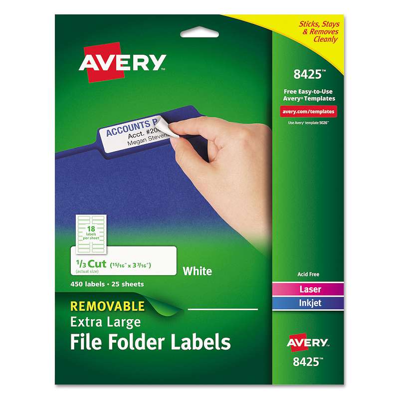 Avery® XL Removable 1/3-Cut File Folder Labels, Inkjet/Laser, .94 x 3.44, White,