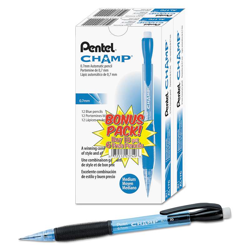 Pentel® Champ Mechanical Pencil, 0.7 mm, Blue Barrel, 24/Pack