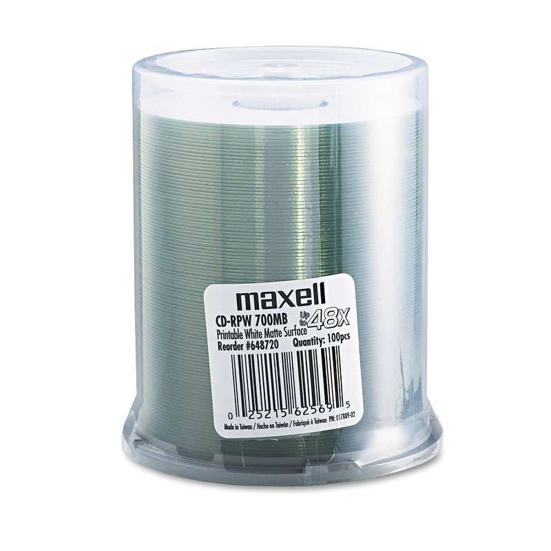 Maxell® CD-R Discs, 700MB/80 min, 48x, Spindle, Printable Matte White, 100/Pack