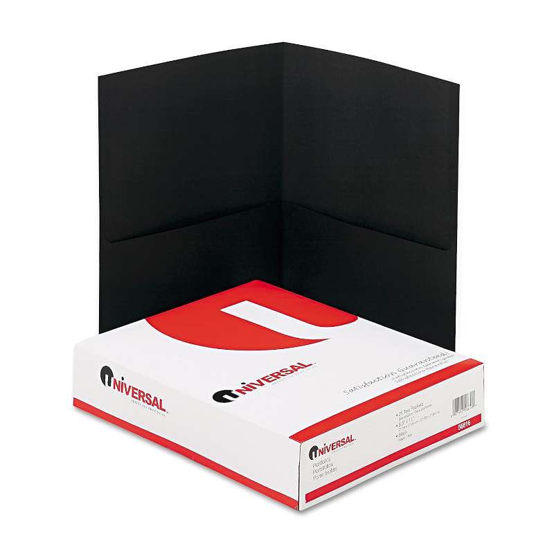 Universal® Two-Pocket Portfolio, Embossed Leather Grain Paper, Black, 25/Box