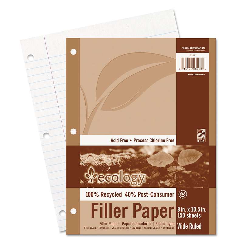Pacon® Ecology Filler Paper, 8 x 10-1/2, Wide Ruled, 3-Hole Punch, White, 150 Sh