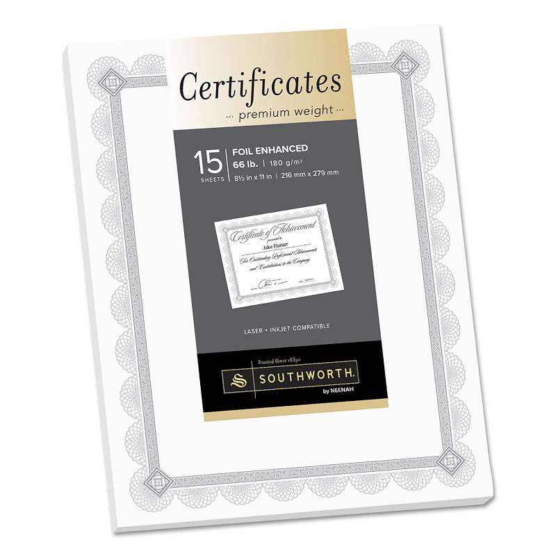 Southworth® Premium Certificates, White, Spiro Silver Foil Border, 66 lb,  8,5 x