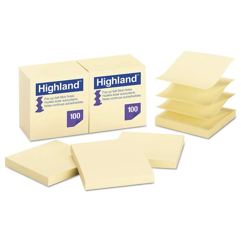 Highland Self-Stick Pop-Up Notes, 3 x 3, Yellow, 100-Sheet, 12/PK