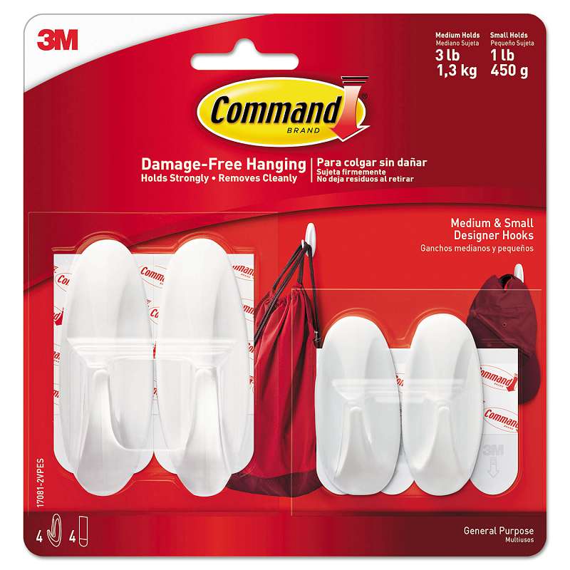 Command General Purpose Hooks Small/Medium, 3lb Cap, White, 4 Hooks & 8 Strips/