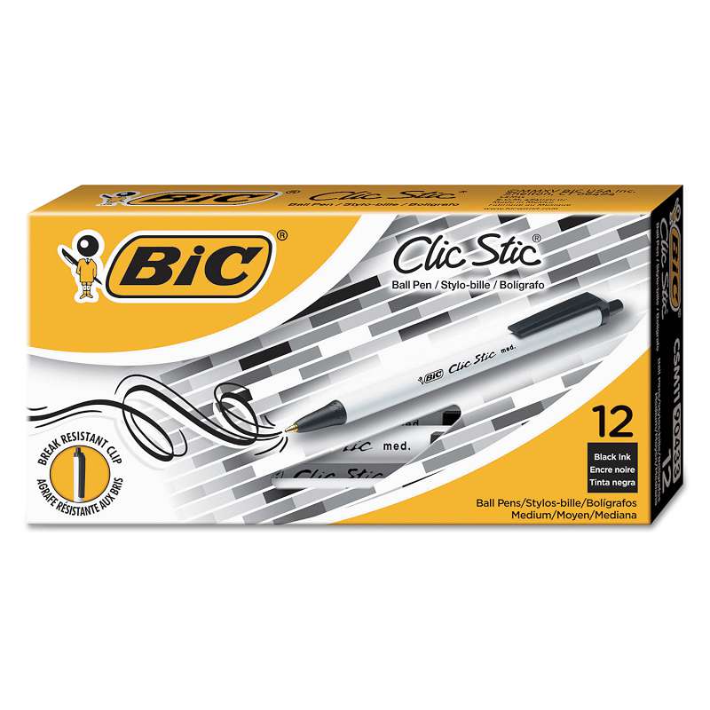 BIC® Clic Stic Retractable Ballpoint Pen, Black Ink, 1mm, Medium, Dozen