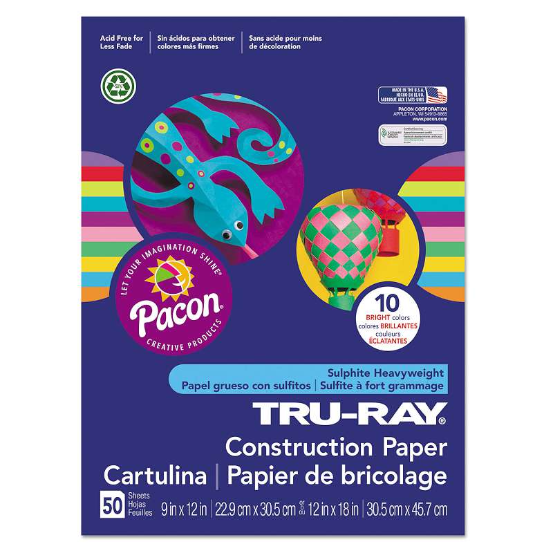 Pacon® Tru-Ray Construction Paper, 76 lbs., 9 x 12, Assorted, 50 Sheets/Pack