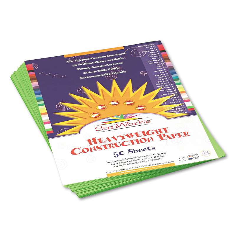 SunWorks® Construction Paper, 58 lbs., 9 x 12, Bright Green, 50 Sheets/Pack