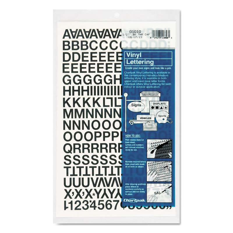 Chartpak® Press-On Vinyl Letters & Numbers, Self Adhesive, Black, 1/2