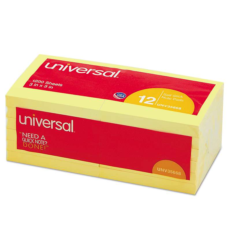 Universal® Standard Self-Stick Notes, 3 x 3, Yellow, 100-Sheet, 12/Pack