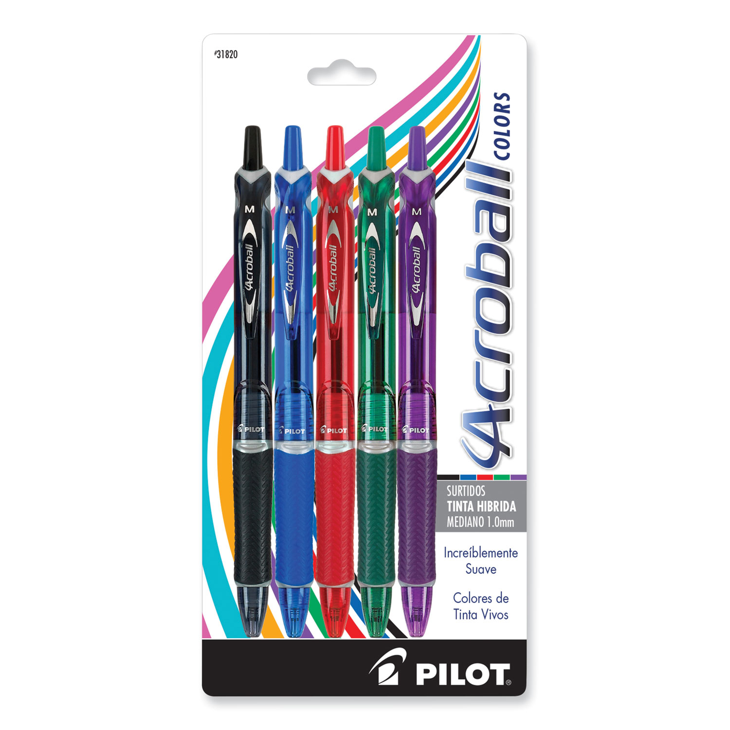 Pilot® Acroball Colors Ball Point Pen, 1mm, Black/Blue/Green/Purple/Red, 5/Pack