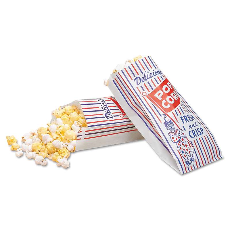 Bagcraft Pinch-Bottom Paper Popcorn Bag, 4w x 1-1/2d x 8h, Blue/Red/White, 1000/