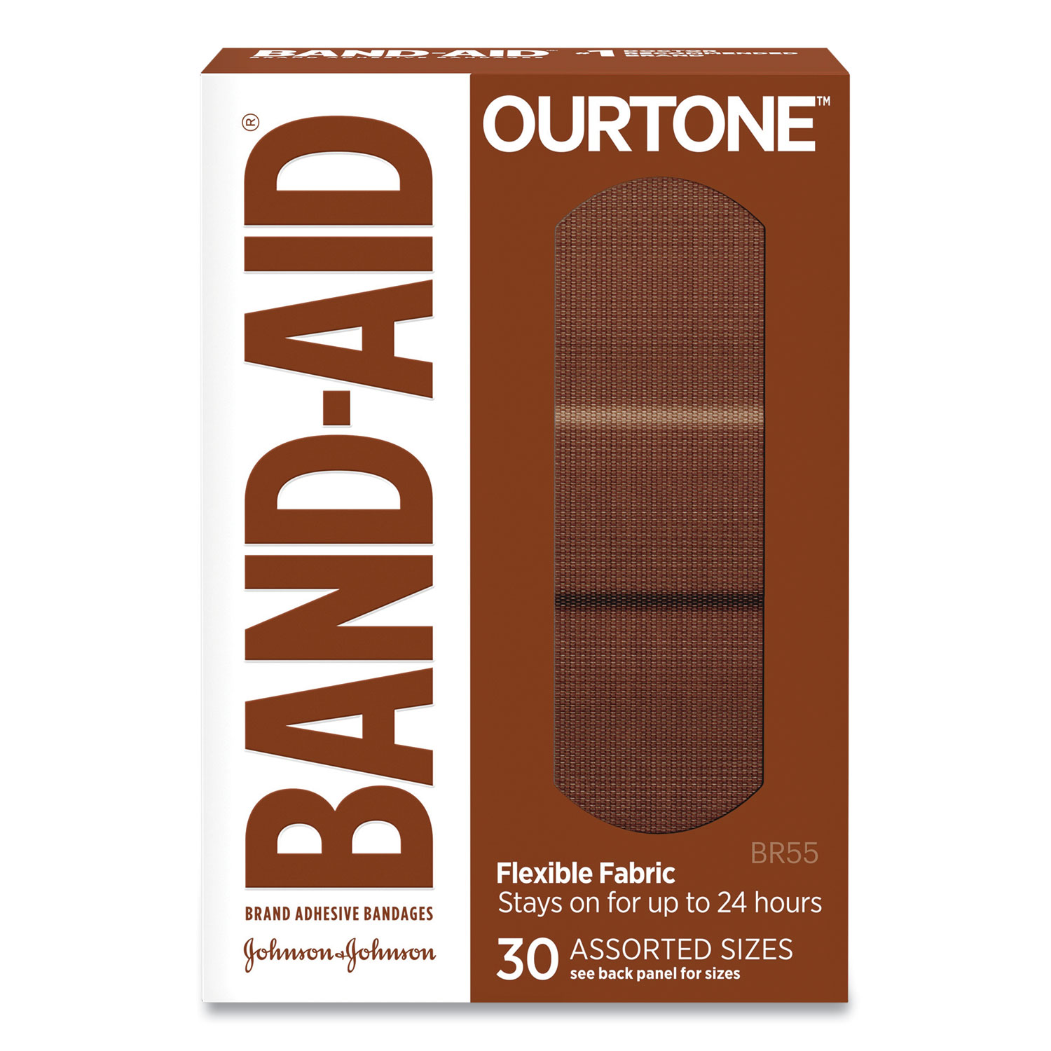 OurTone Adhesive Bandages, BR55, 2.25 x 0.63; 3 x 0.75; 3 x 1, Medium Brown, 30/