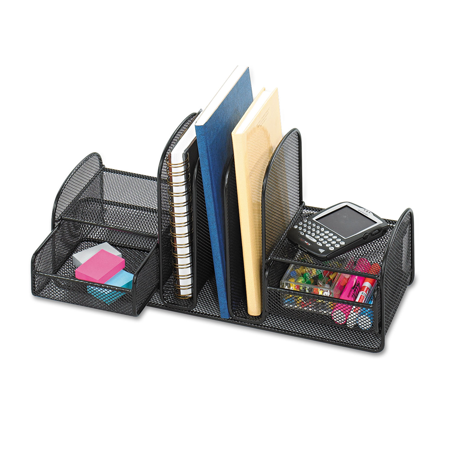 Safco® Onyx Mesh Desk Organizer, Three Sections/Two Baskets, 17 x 6 3/4 x 7 3/4,