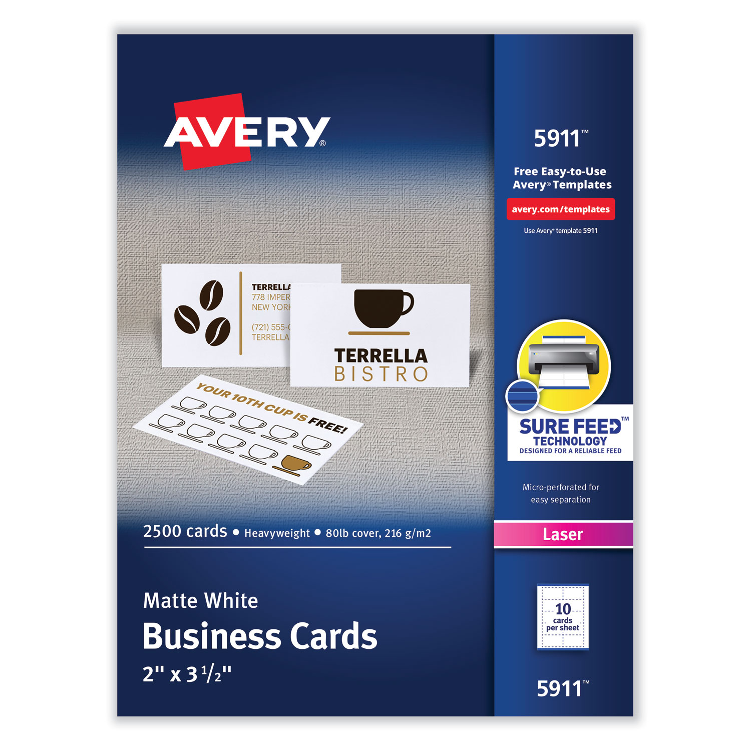 Avery® Printable Microperf Business Cards, Laser, 2 x 3 1/2, White, Uncoated, 25