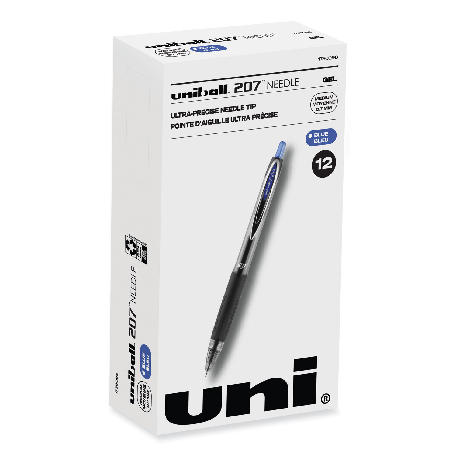 Signo 207 Roller Ball Retractable Gel Pen, Blue Ink, Medium, Dozen