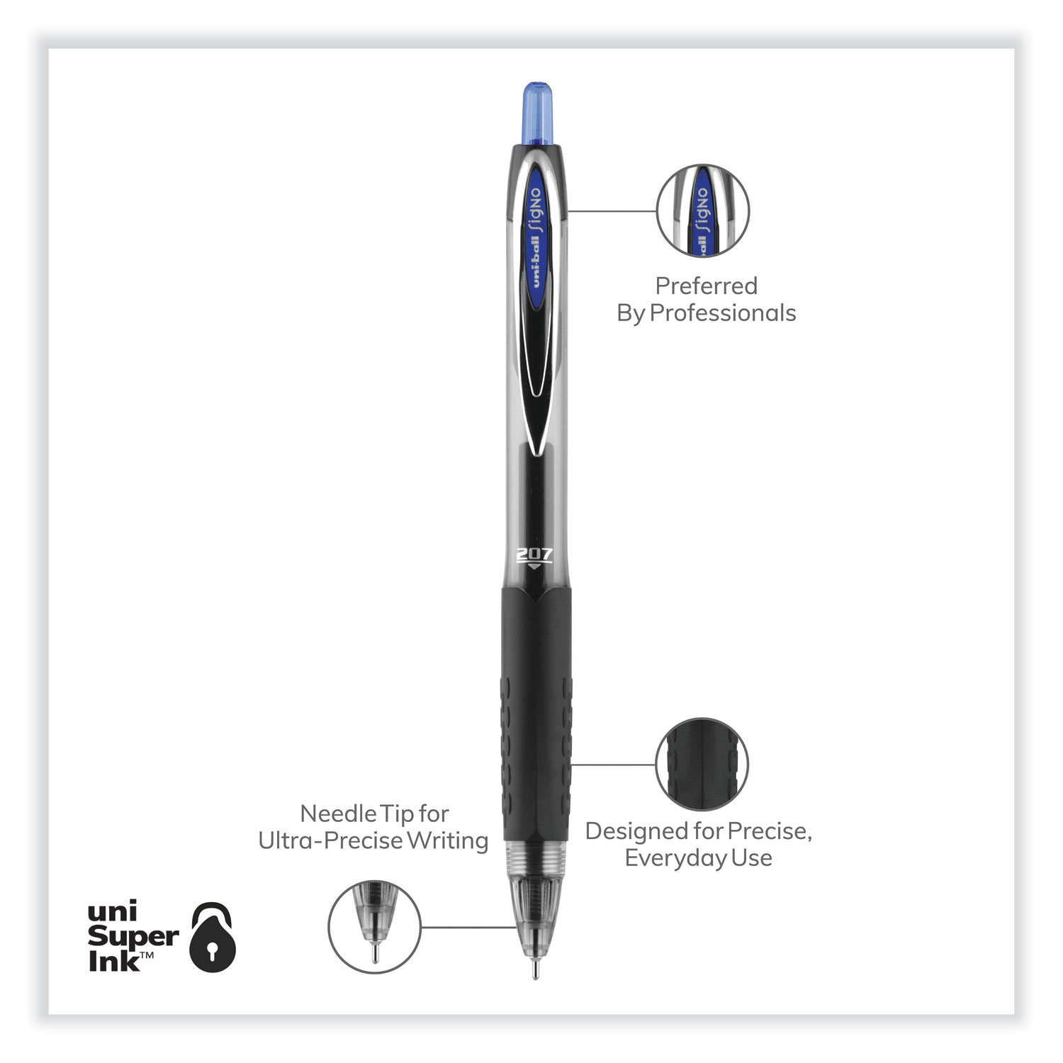 Signo 207 Roller Ball Retractable Gel Pen, Blue Ink, Medium, Dozen