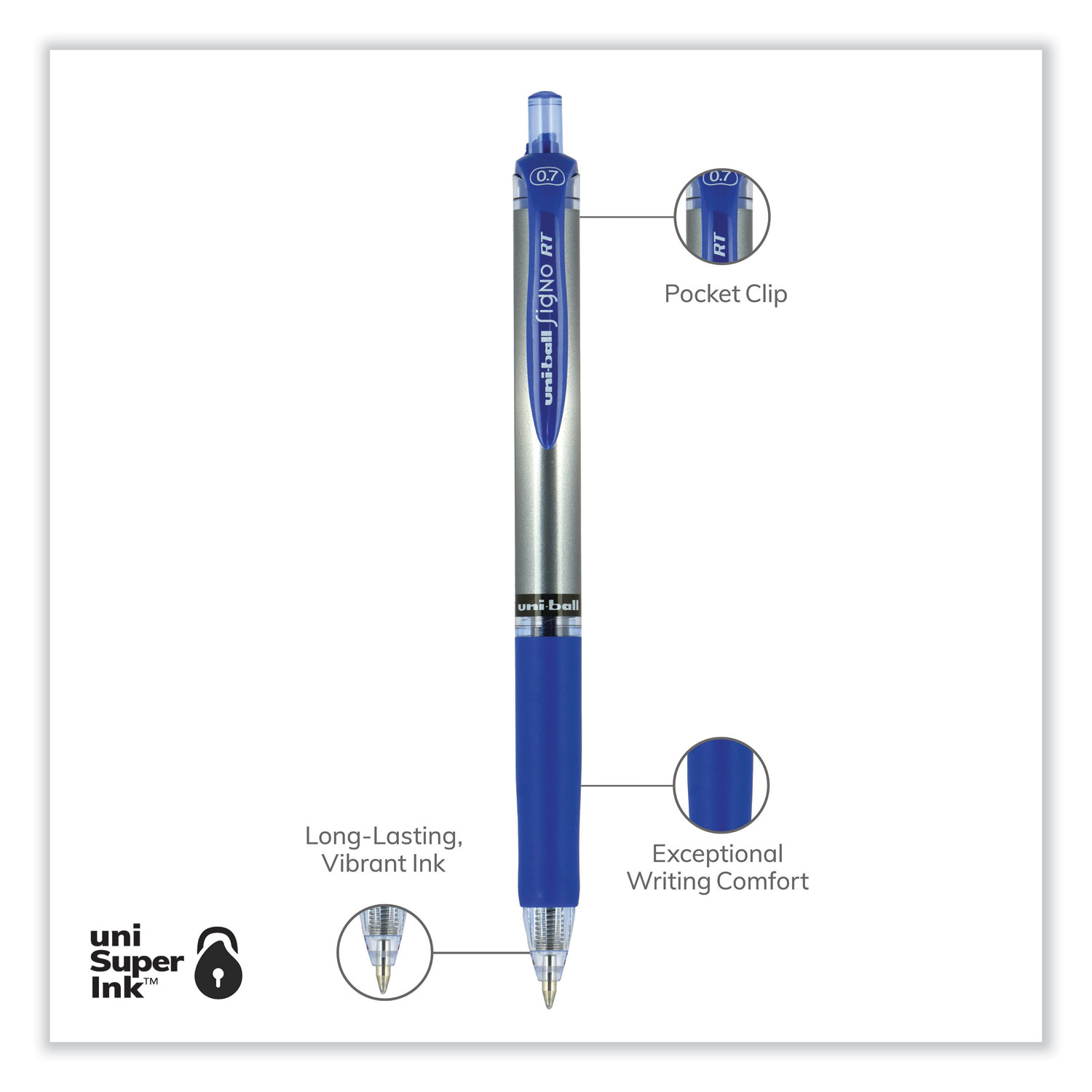 Signo Gel RT Roller Ball Retractable Gel Pen, Blue Ink, Medium, Dozen