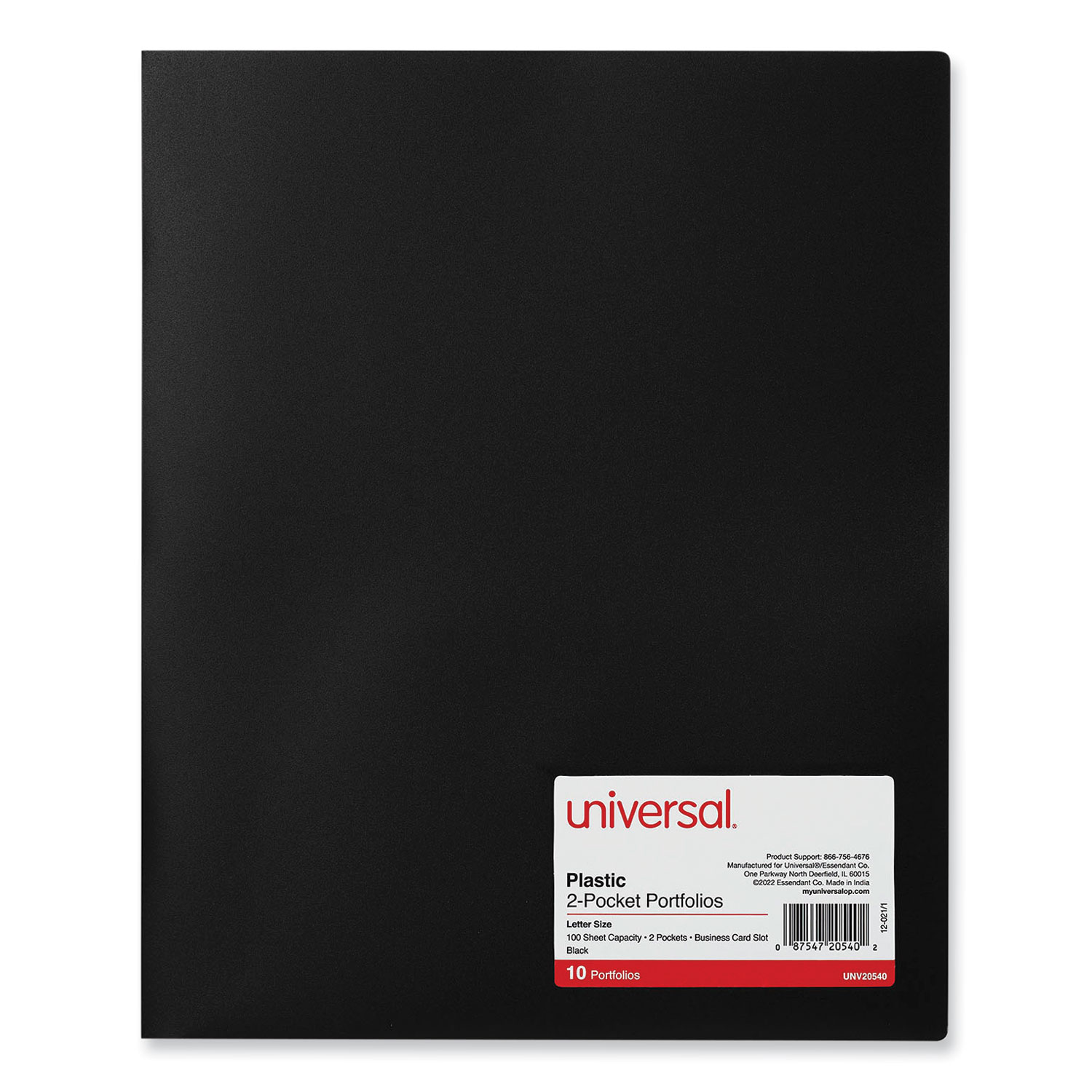 Universal® Two-Pocket Plastic Folders, 11 x 8 1/2, Black, 10/Pack