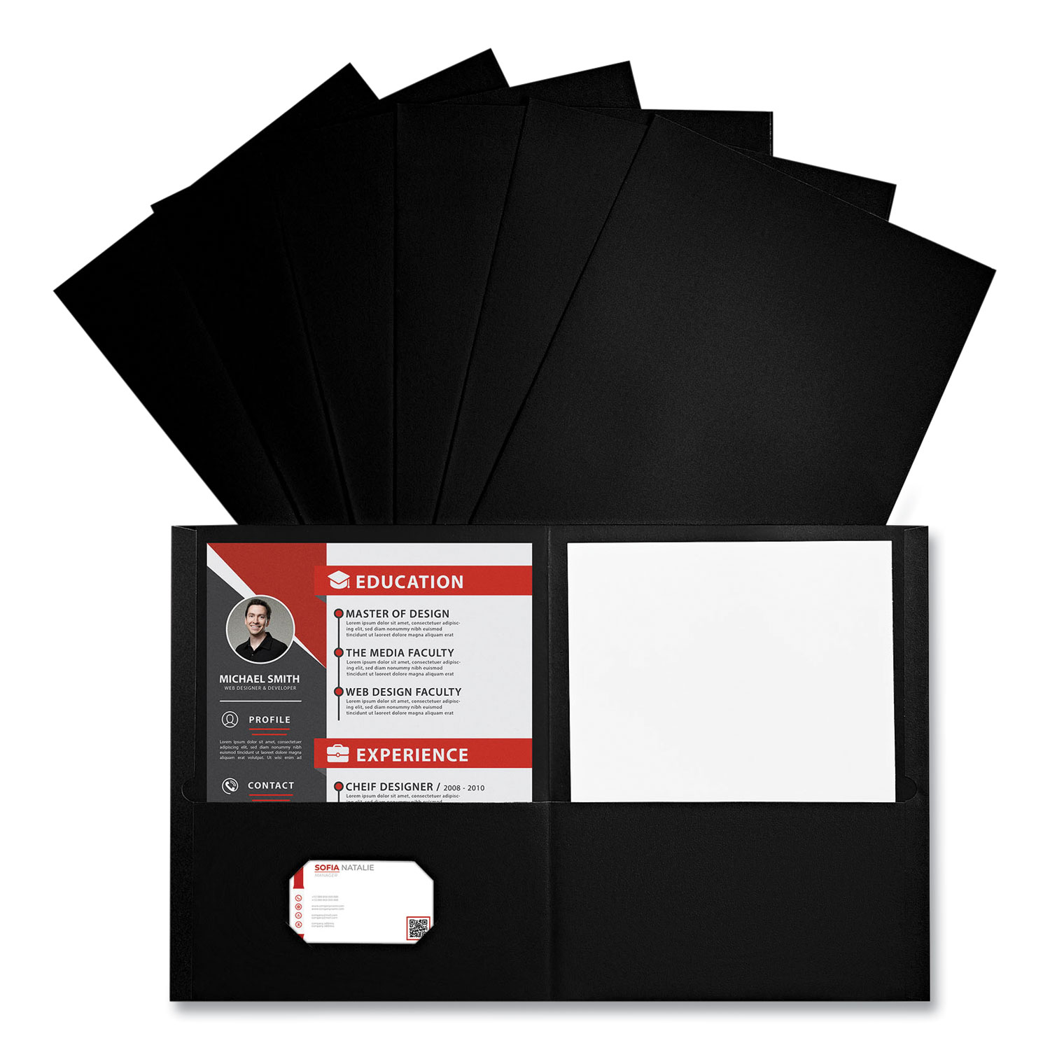 Universal® Two-Pocket Portfolio, Embossed Leather Grain Paper, Black, 25/Box