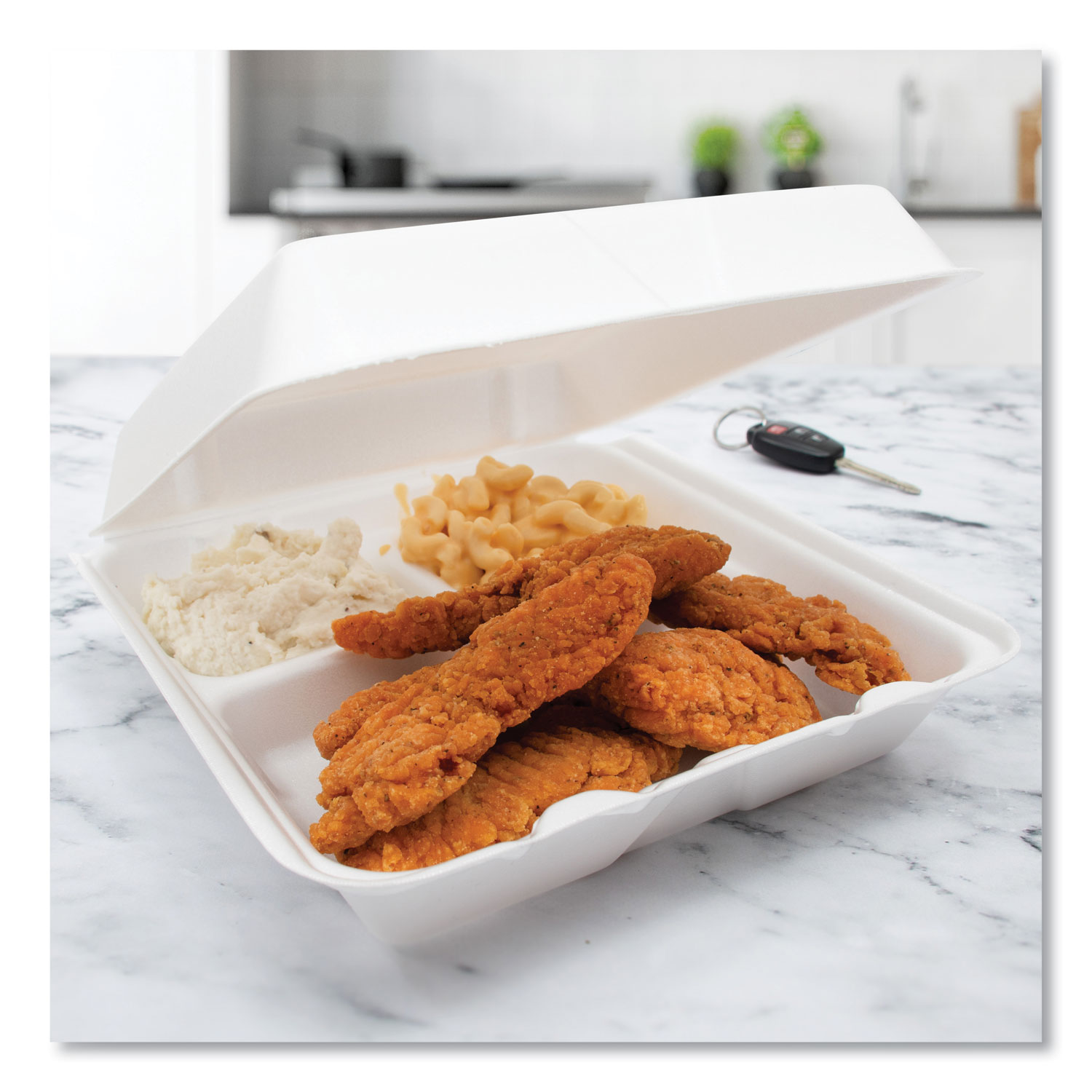 Dart® Foam Container, Hinged Lid, 3-Comp, 9 1/2 x 9 1/4 x 3, 200/Carton