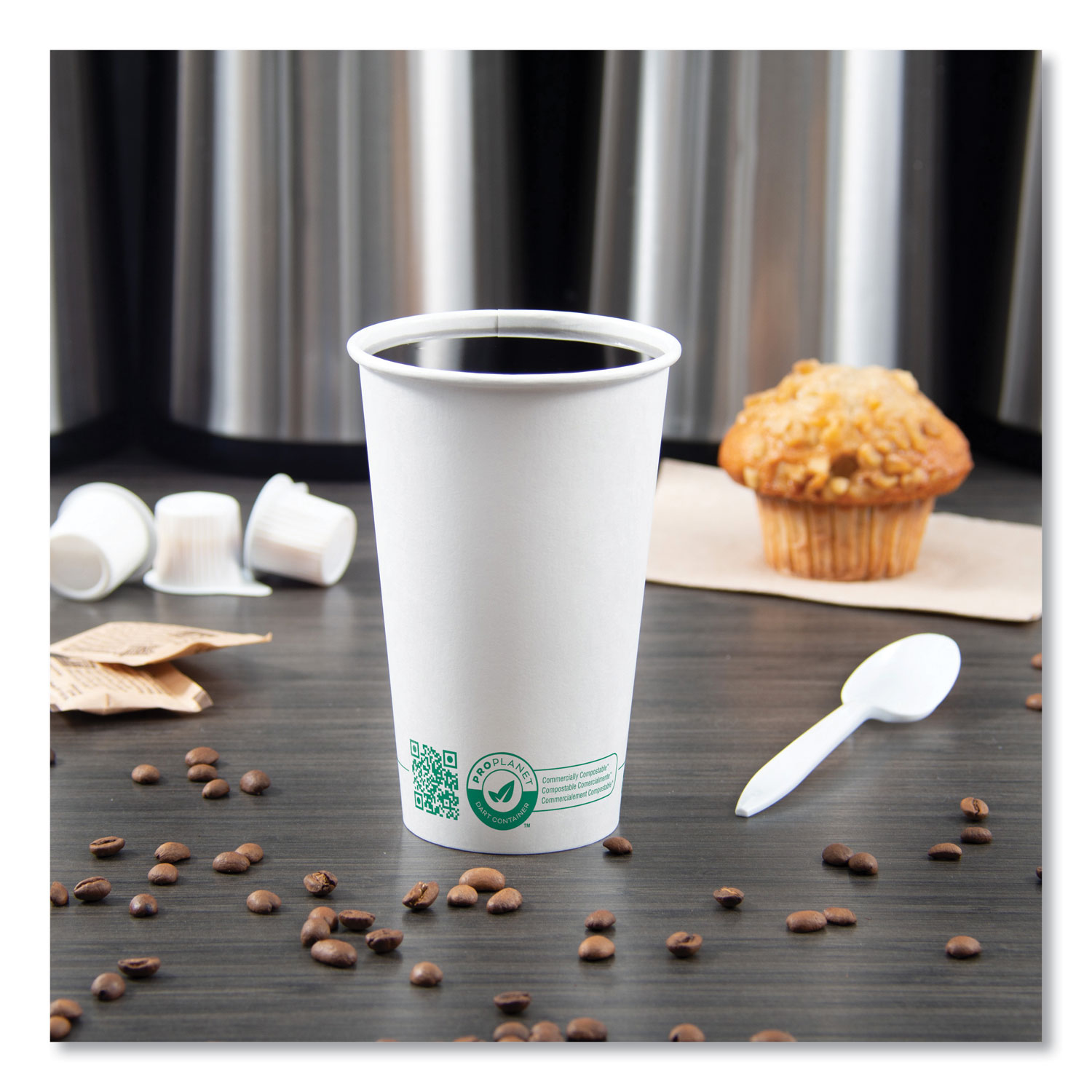 Compostable Paper Hot Cups, ProPlanet Seal, 16 oz, White/Green, 1,000/Carton