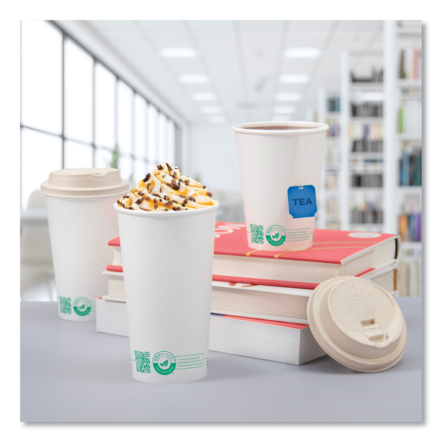 Compostable Paper Hot Cups, ProPlanet Seal, 16 oz, White/Green, 1,000/Carton