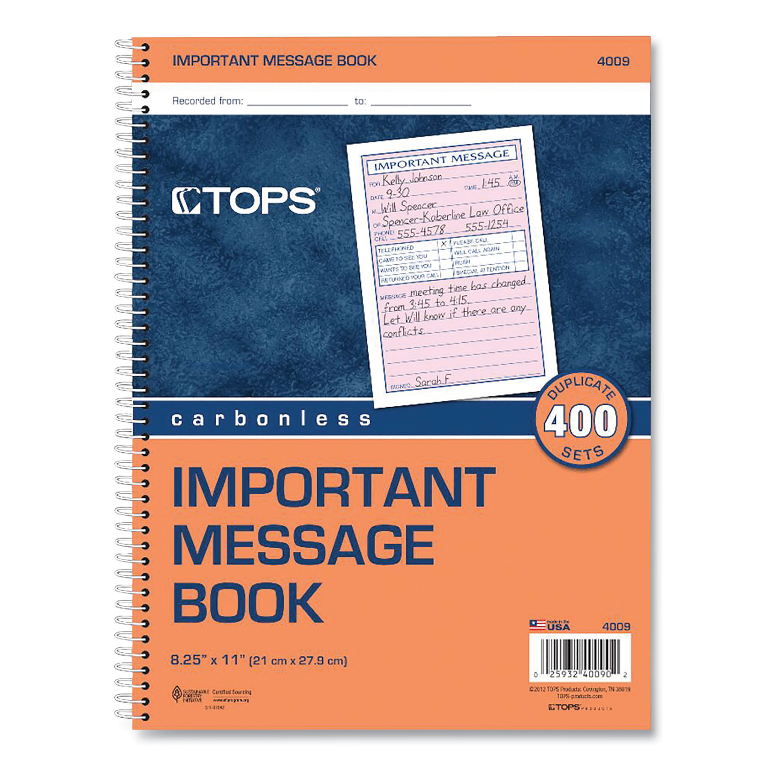 TOPS Telephone Message Book, Fax/Mobile Section, 5 1/2 x 3 3/16, Two-Part, 400/
