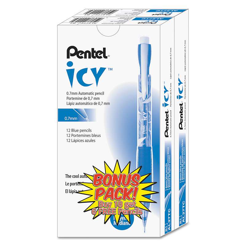 Pentel® Icy Mechanical Pencil, 0.7 mm, Transparent Blue Barrel, 24/Pack