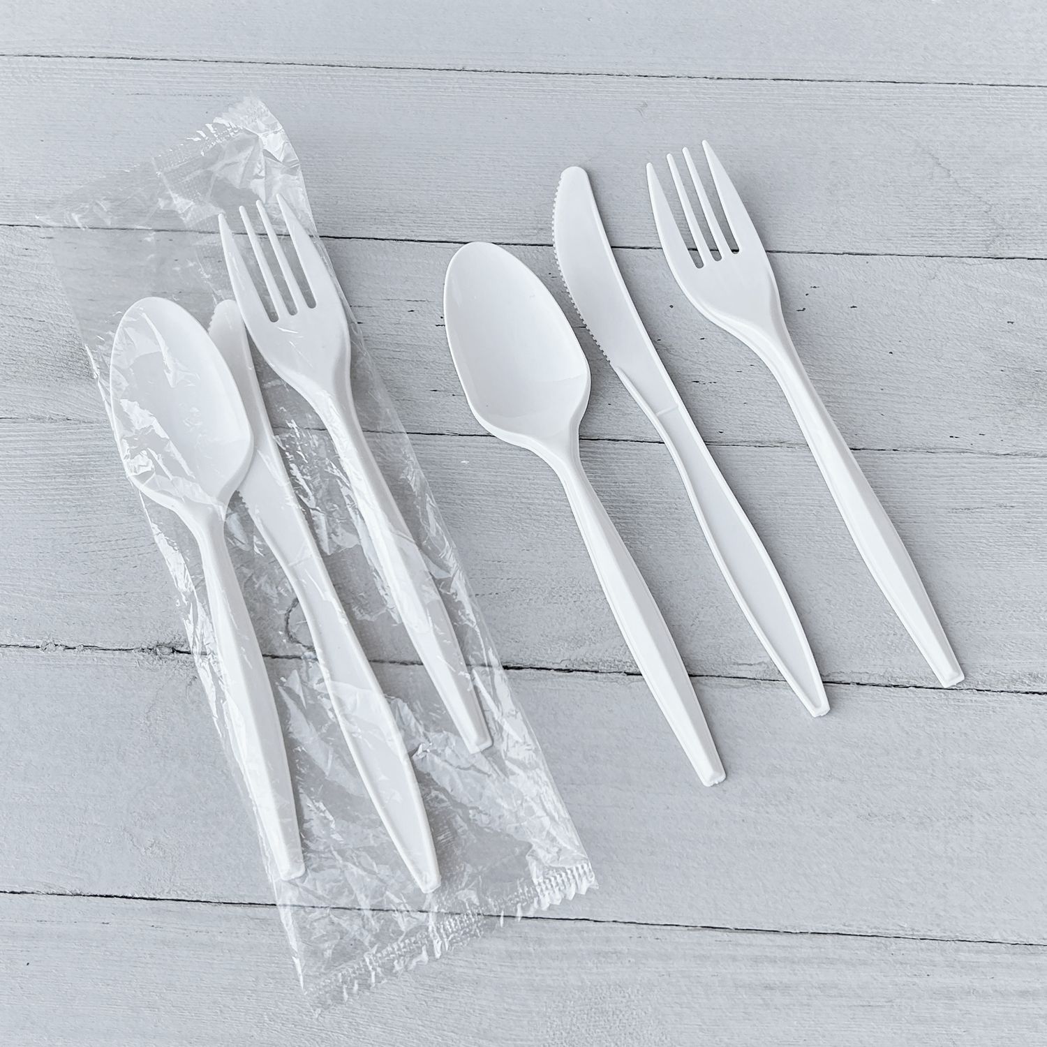 Three-Piece Cutlery Kit, Fork/Knife/Teaspoon, Polypropylene, White, 250/Carton