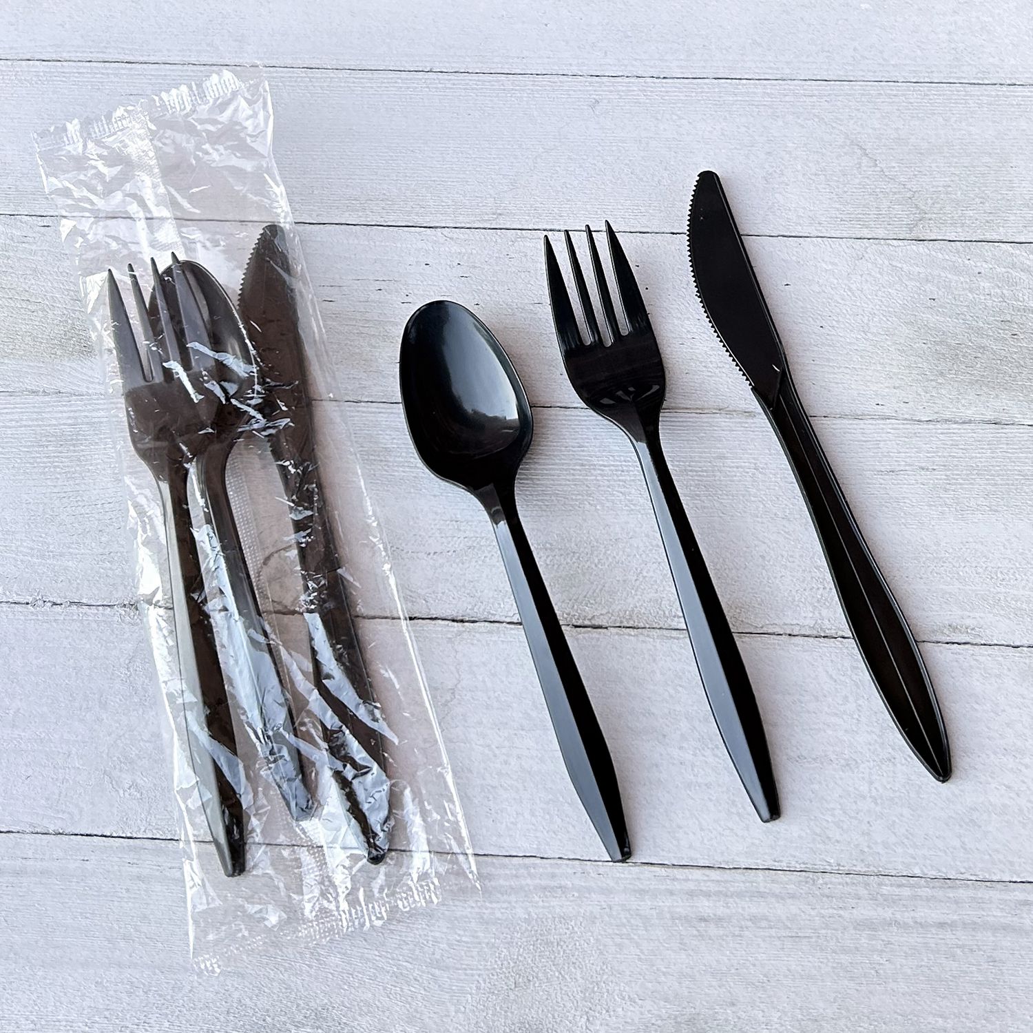 Three-Piece Cutlery Kit, Fork/Knife/Teaspoon, Polypropylene, Black, 250/Carton