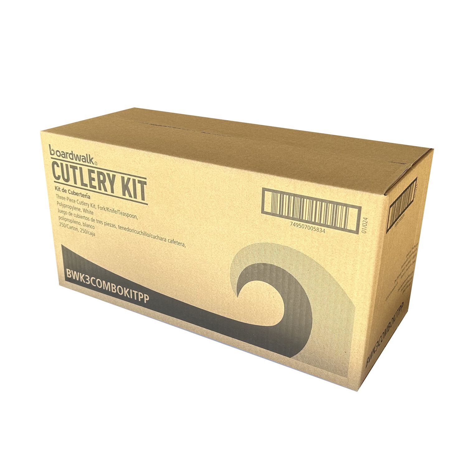 Three-Piece Cutlery Kit, Fork/Knife/Teaspoon, Polypropylene, White, 250/Carton